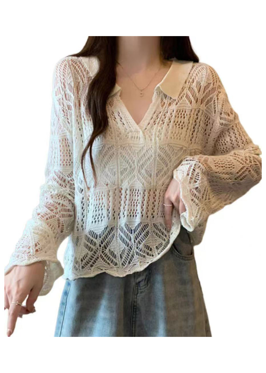 Stylish Apricot Peter Pan Collar Hollow Out Knit Top Summer