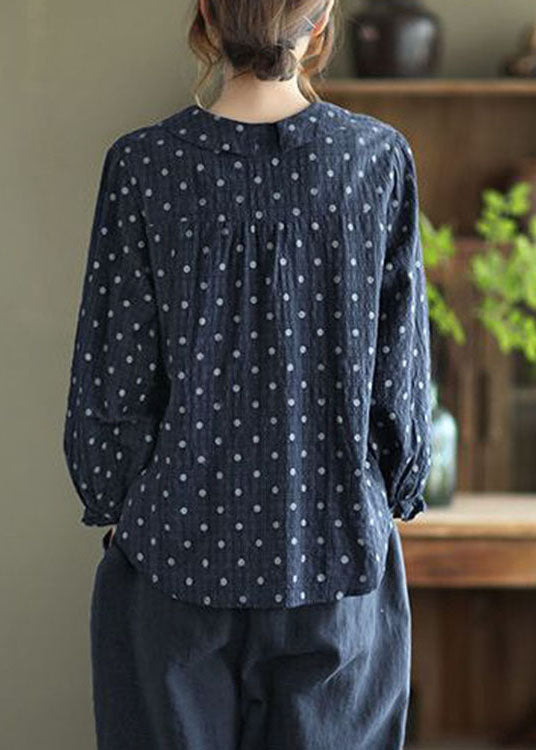 Navy Button Peter Pan Collar Dot Print Shirt Top Lantern Sleeve