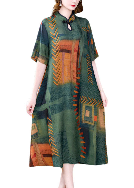 Green Stand Collar Print Side Open Patchwork Silk Dresses Summer