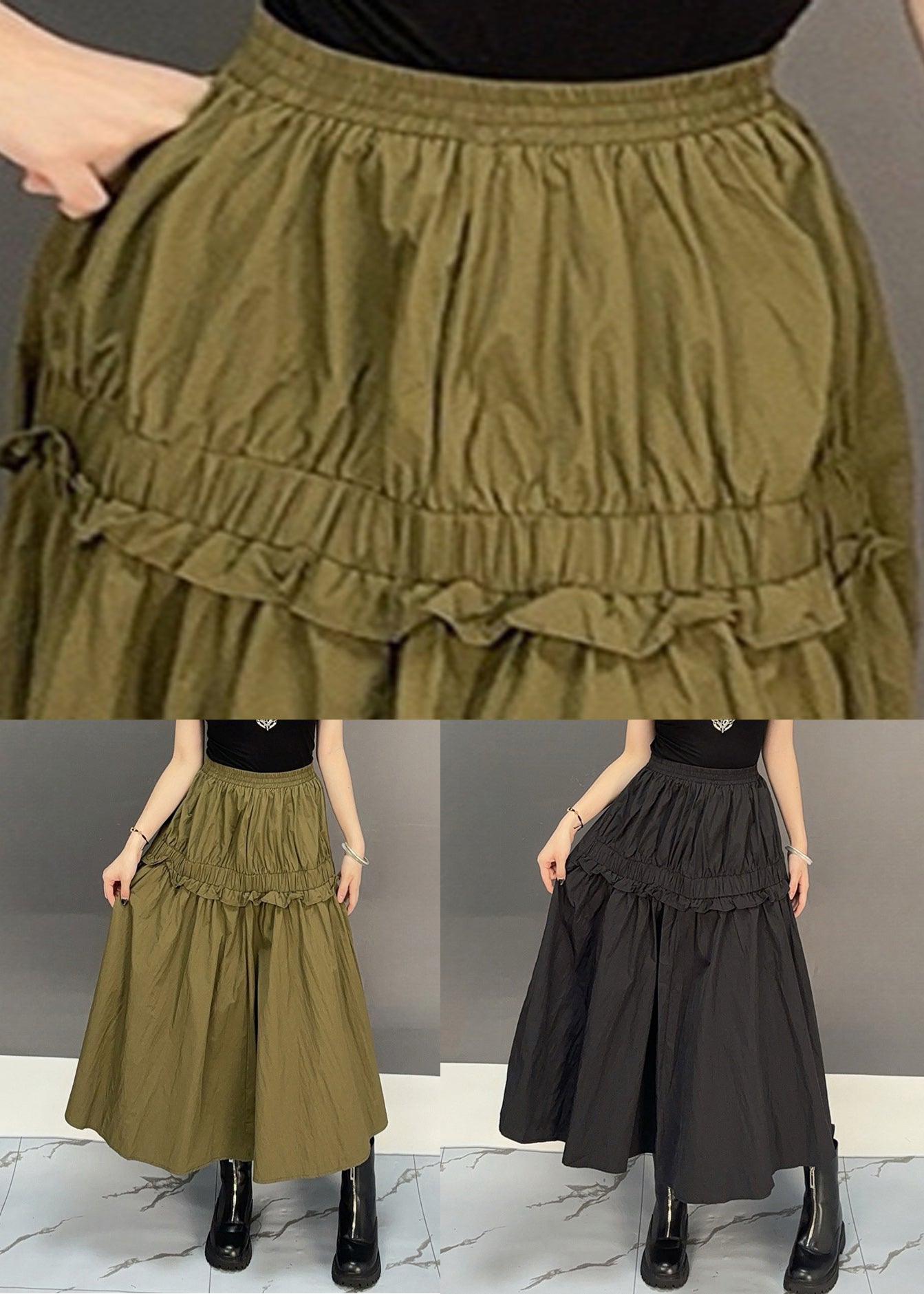 Black Elastic Waist Loose Cotton Fall Skirts Ruffled