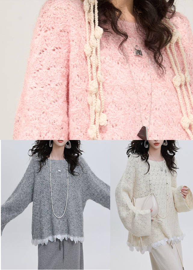 Pink Patchwork Cozy Knitted Tops Hollow Out Winter