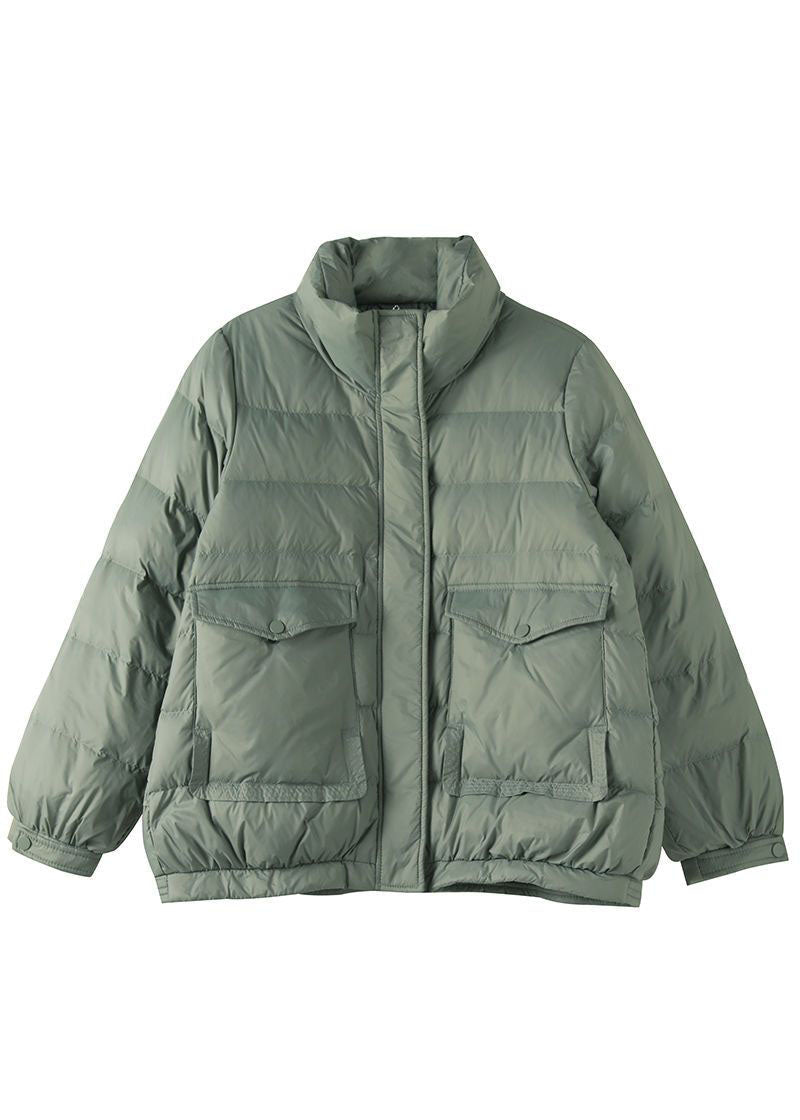 Light Green Stand Collar Zip Up Pockets Duck Down Puffers Jackets Winter