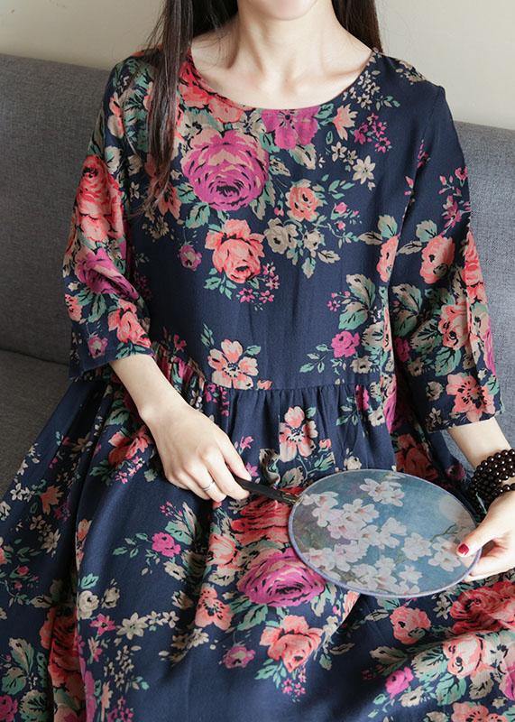 Italian O Neck Half Sleeve Cotton Clothes Neckline Blue Print Loose Dresses
