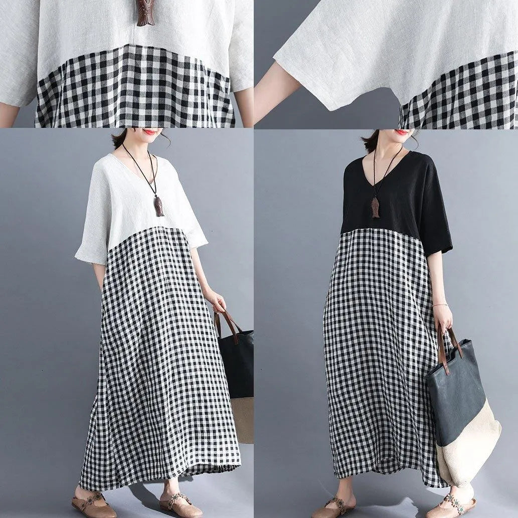 Loose V Neck Cotton Clothes Shirts Black Patchwork Maxi Dresses Summer