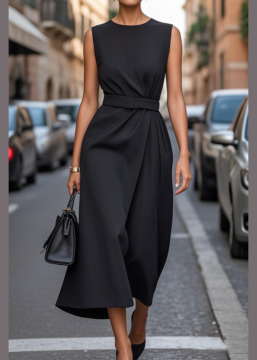 Purple O Neck Tie Waist Cotton Dress Sleeveless