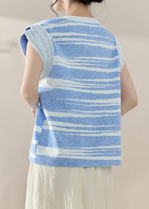 Modern Blue O-neck Lace Patchwork Knit Tops Summer