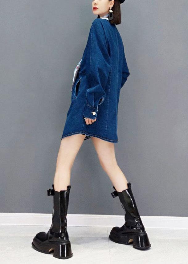 Denim Blue V Neck Pockets Button Fall Shirts Long Sleeve