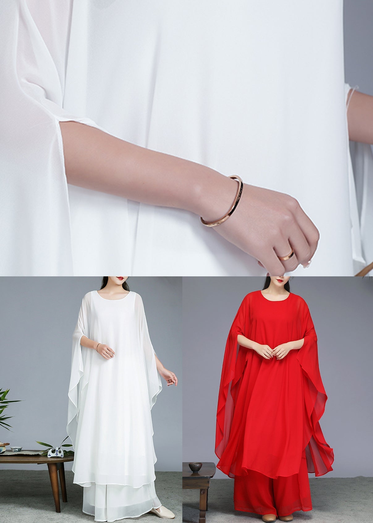 Red Maxi Dress and Wide Leg Pants Two Piece Set Batwin Sleeve