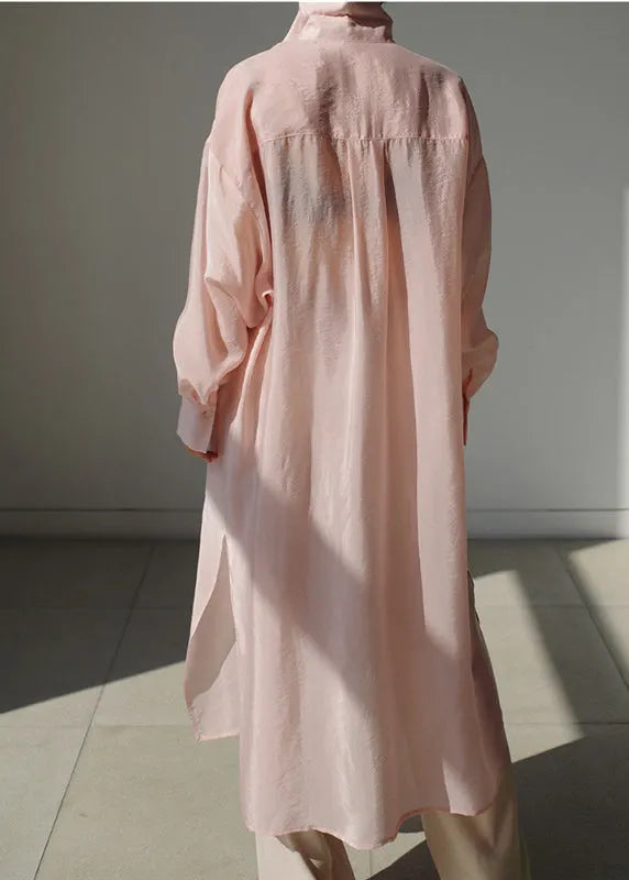 Simple Pink Peter Pan Collar Side Open Button Pockets Holiday Dress Long Sleeve