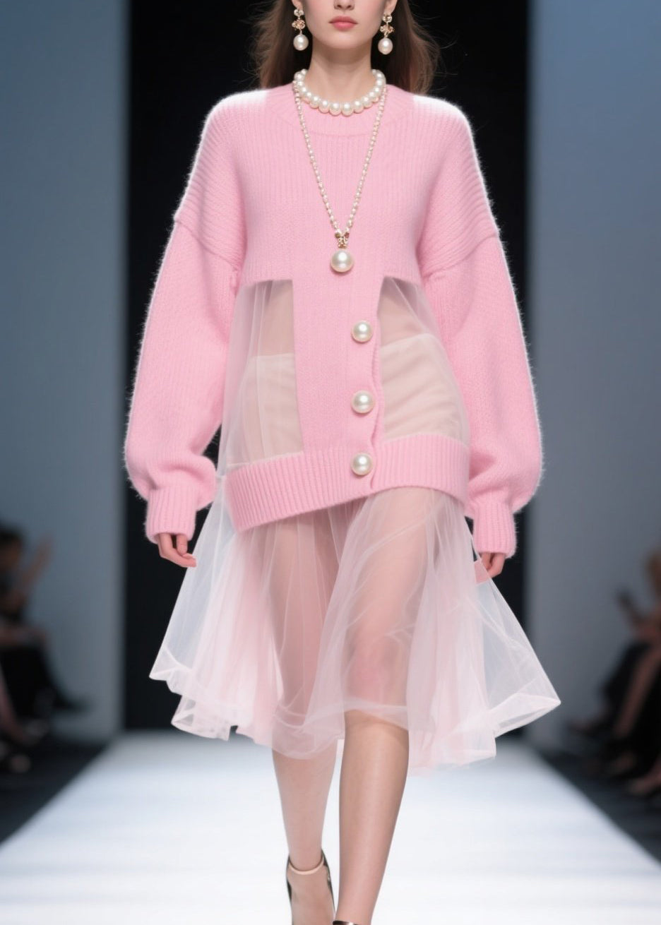 Pink O Neck Tulle Patchwork Knit Sweater Dress Fall