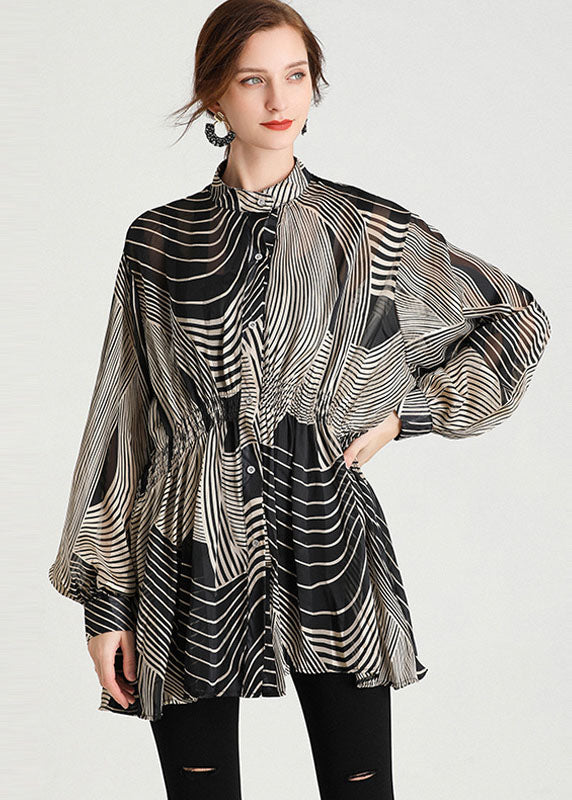 Black Stand Collar Striped Chiffon Cinch Blouse Tops Long Sleeve