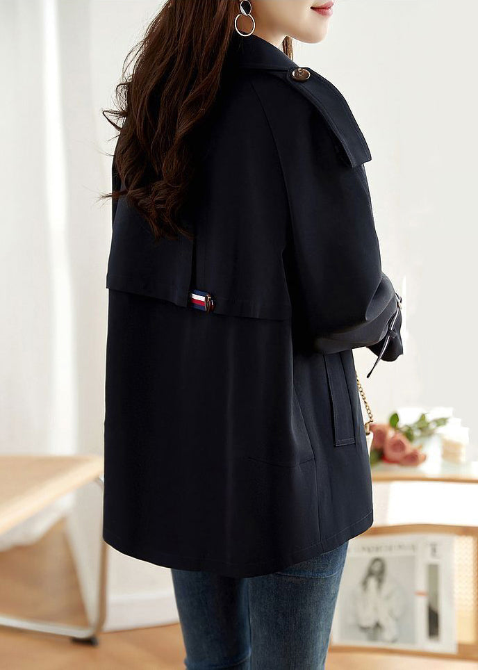Navy Double Breast Pockets Patchwork Cotton Coats Fall