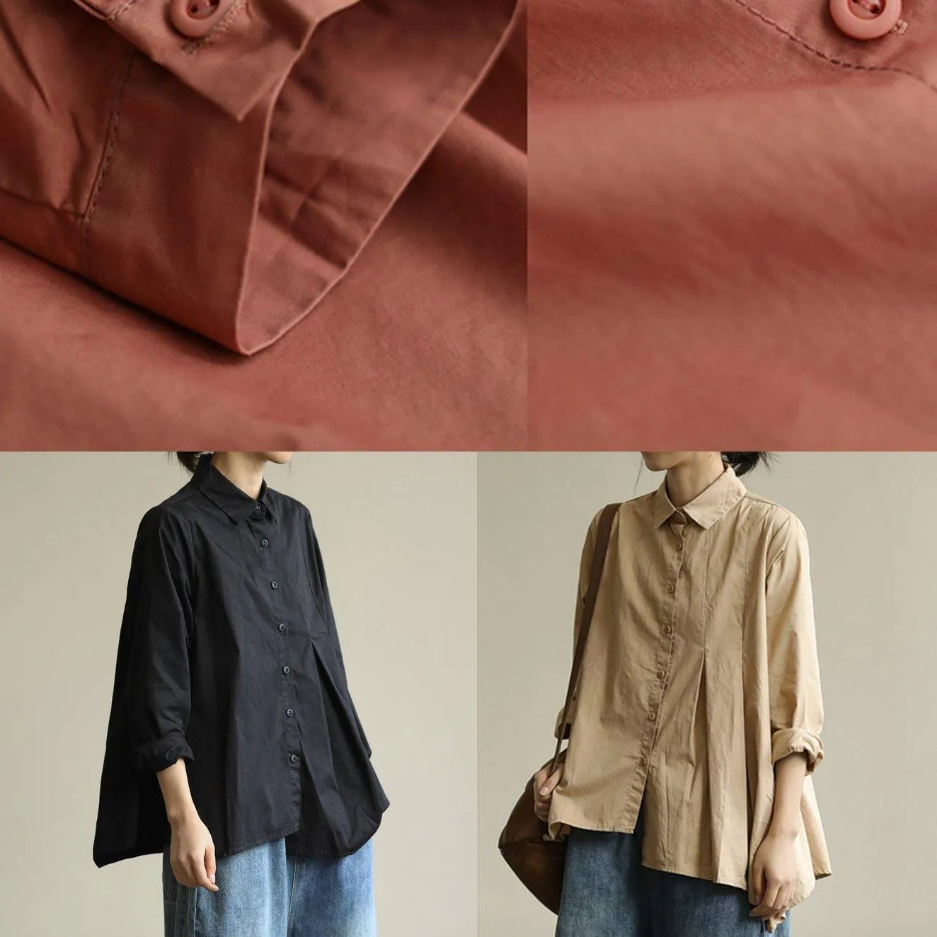 Organic Khaki Tunic Lapel Asymmetric Short Shirt