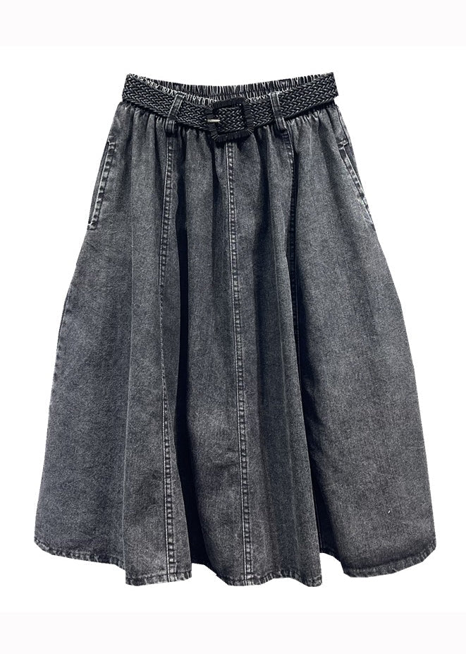 Black Gray Elastic Waist Pleated Pocket Denim Skirt Autumn