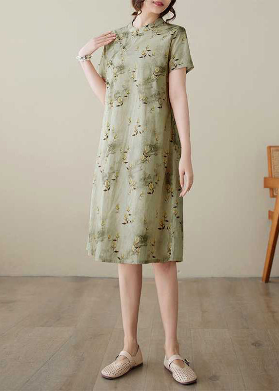 Green Stand Collar Print Button Cotton Dress Summer