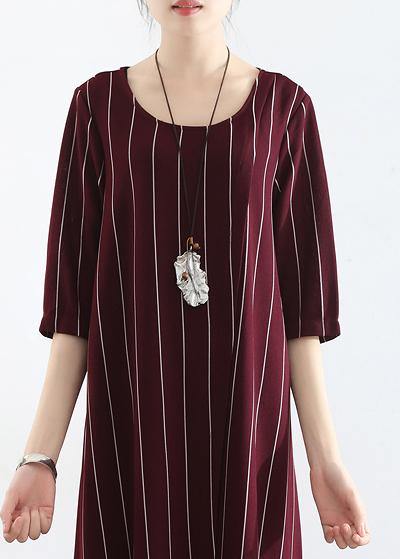 100% Burgundy Cotton Clothes for Catwalk Striped Dresses Summer Dresses