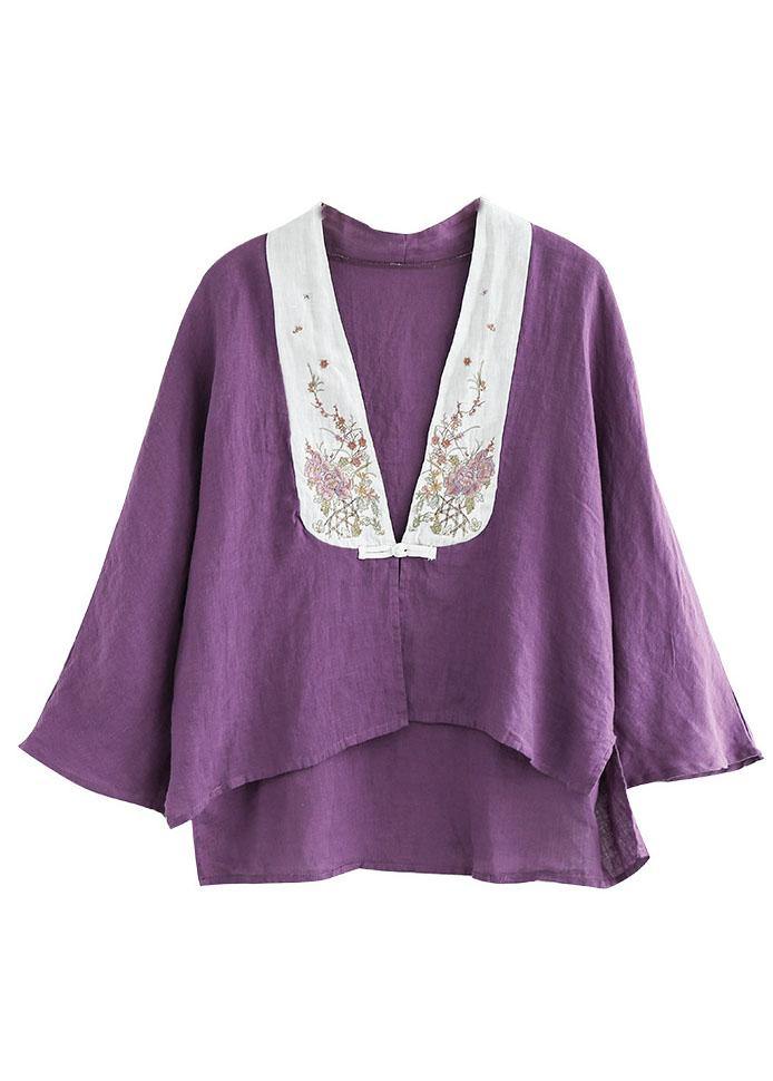 Purple Retro Embroideried Patchwork Summer Linen Blouse