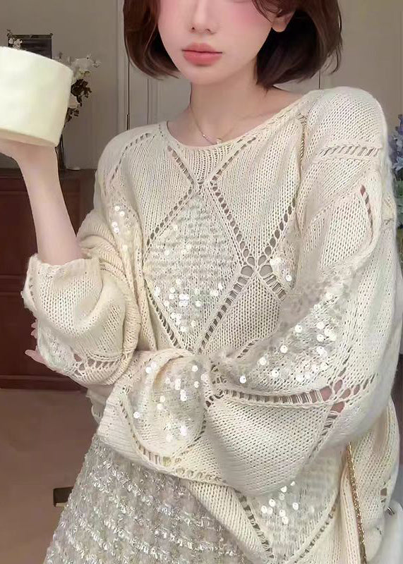 Apricot O Neck Hollow Out Sequins Knit Sweater Fall