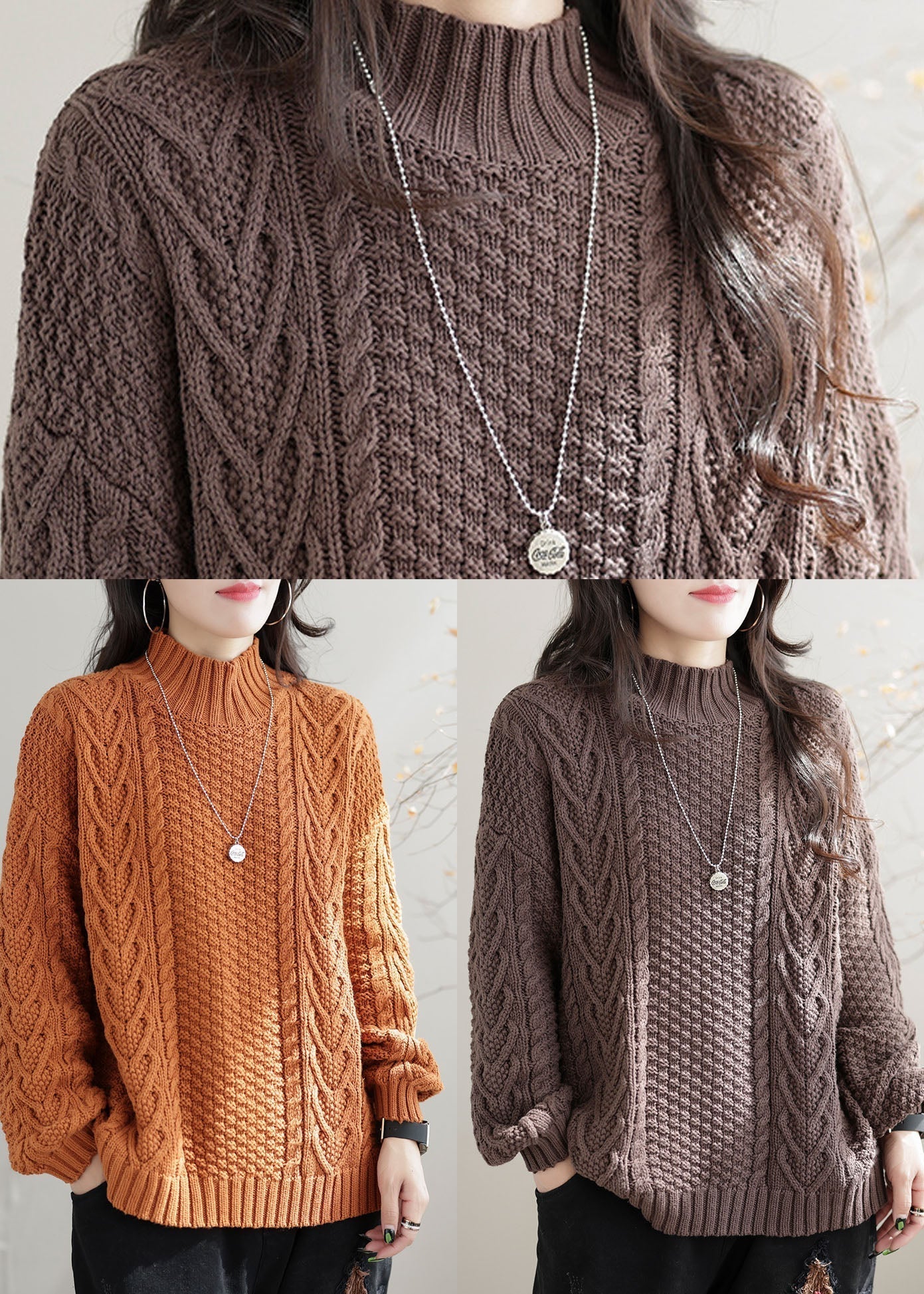 Orange High Neck Chunky Oversized Cable Knit Sweater Winter