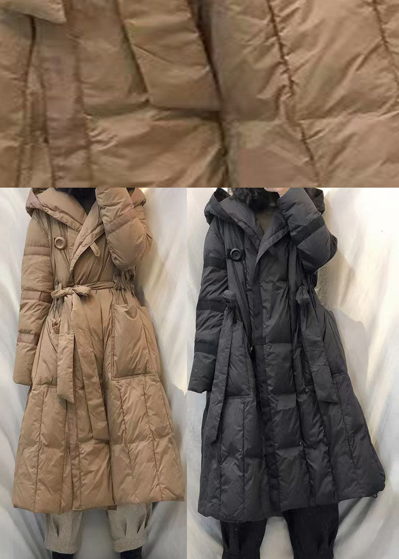 Black Hooded Tie Waist Winter Duck Down Coats