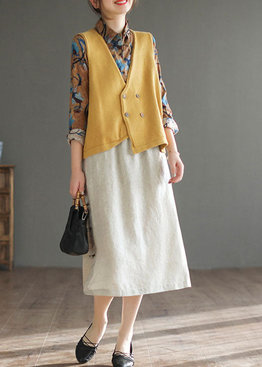 Linen Color Elastic Waist Side Open Oriental Button Linen Skirt Summer