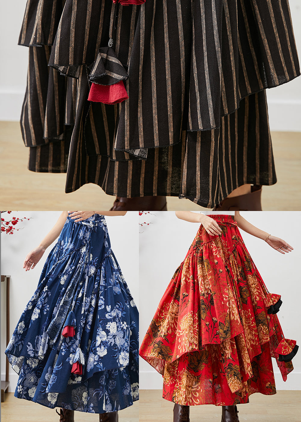 Loose Red Asymmetrical Print Cotton a Line Skirts Fall