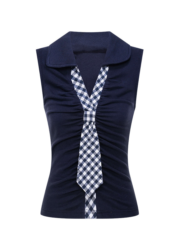 Navy V Neck Patchwork Cotton T Shirt Tops Sleeveless