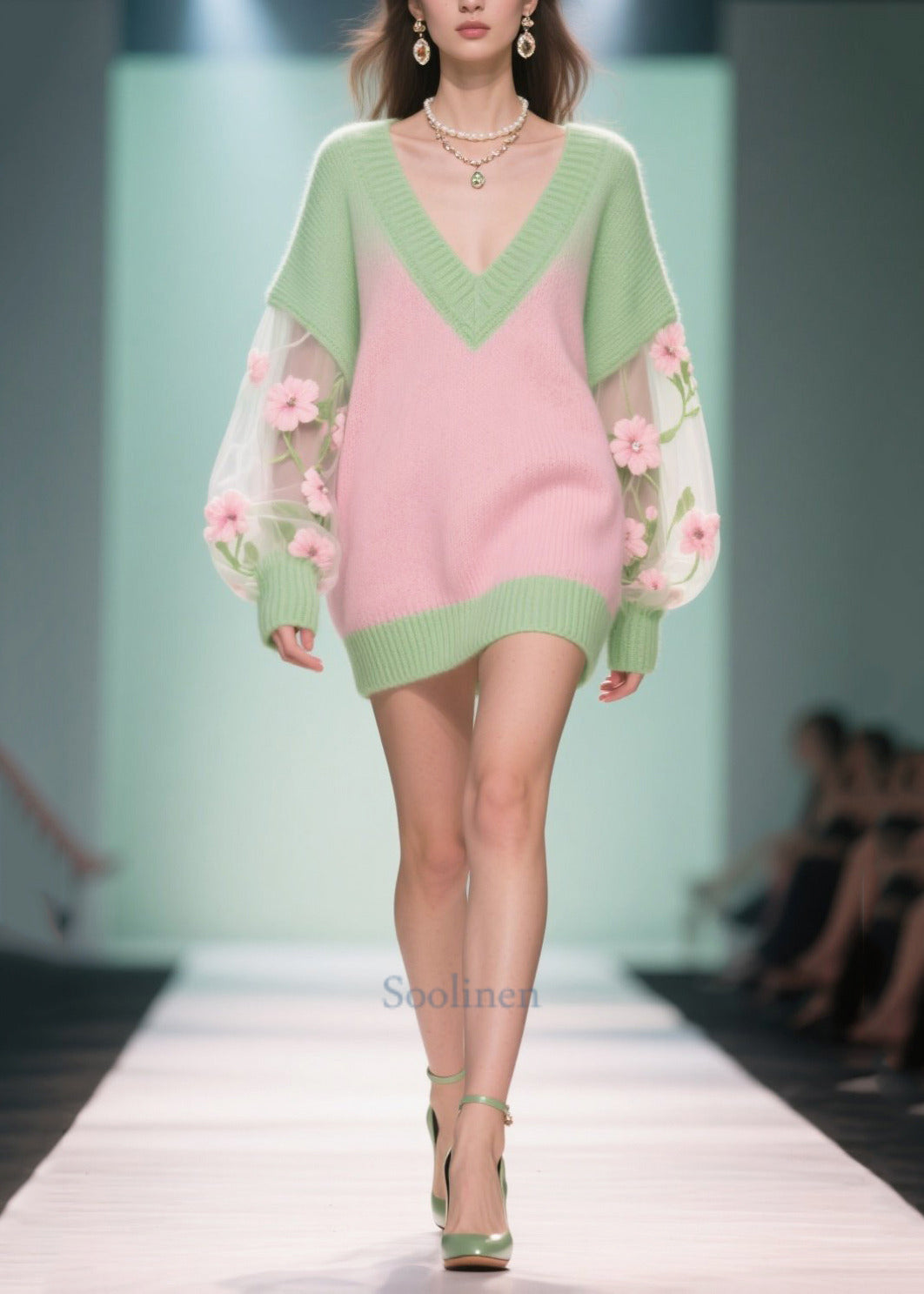 Colorblock V Neck Patchwork Tulle Long Sweaters Fall