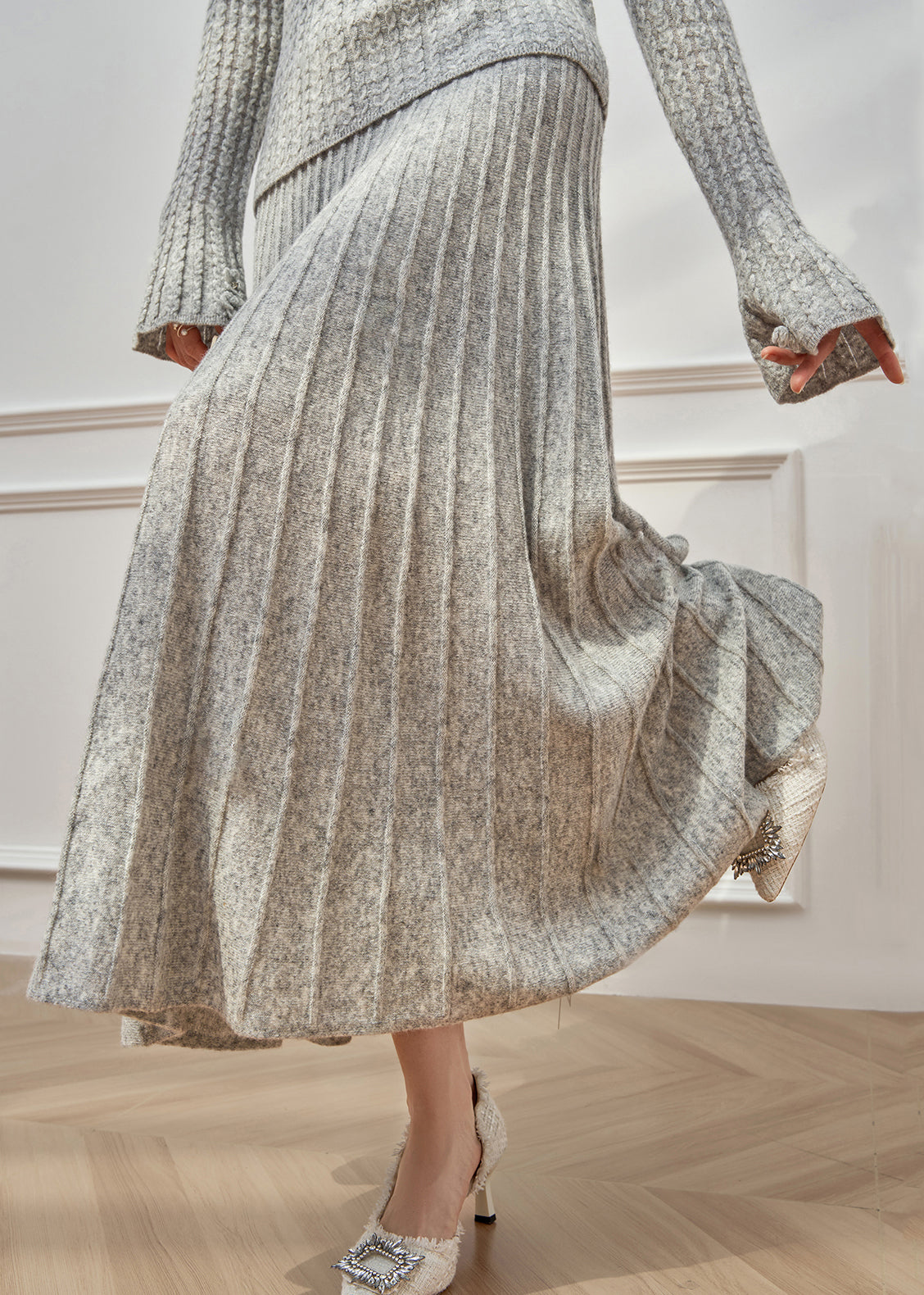 Grey O Neck Sweaters and Maxi Skirts Cable Knit Two Pieces Set Flare Sleeve
