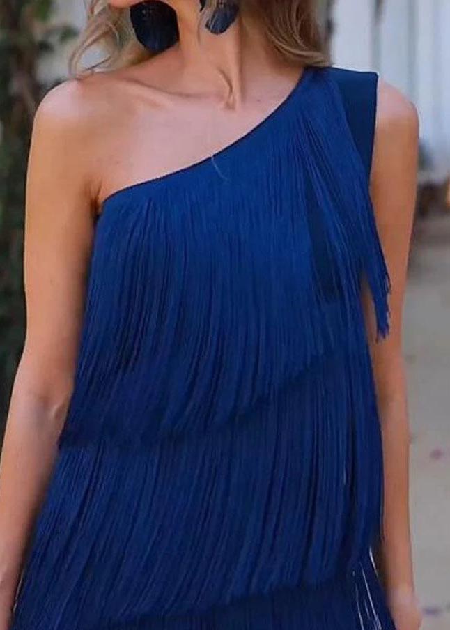 Purple One Shoulder Tasseled Dresses Sleeveless