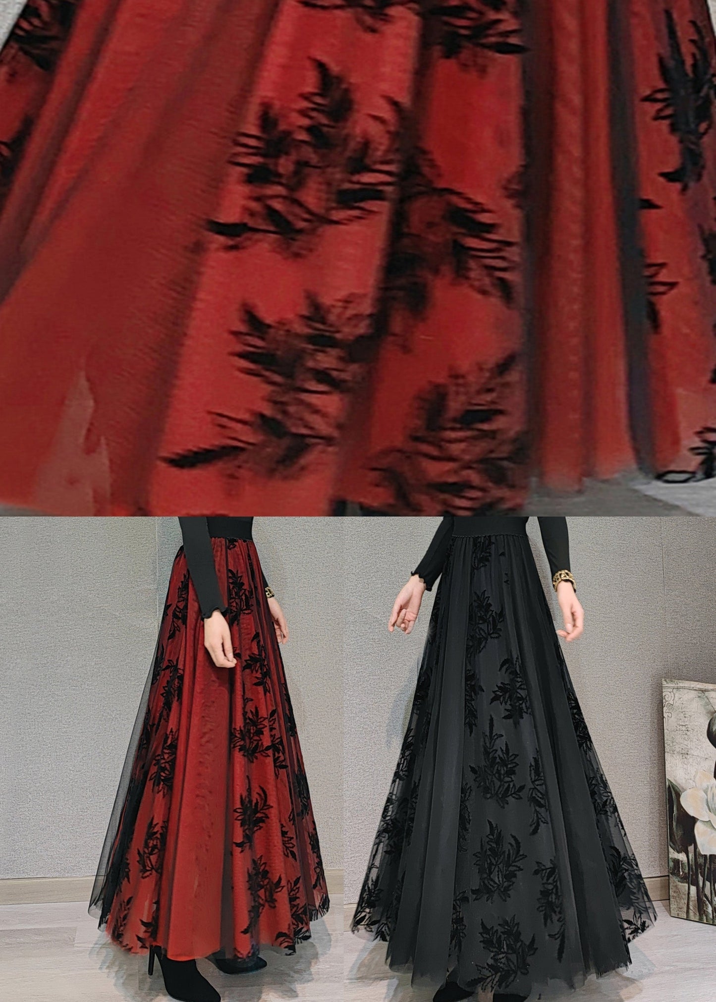 Black High Waist Draping Tulle Maxi Skirt Spring