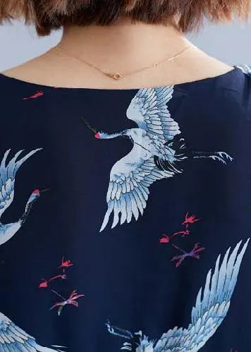 Navy Print Chiffon Dresses Outfits V Neck Ruffles Summer Dresses