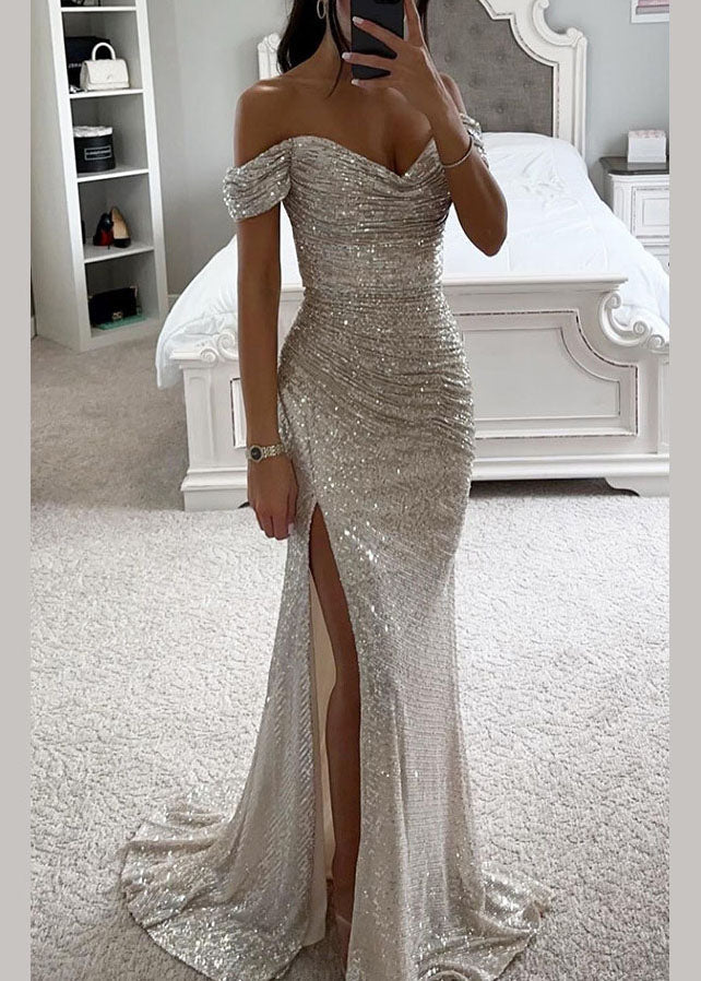 New Champagne Slash Neck Side Open Sequins Party Dress