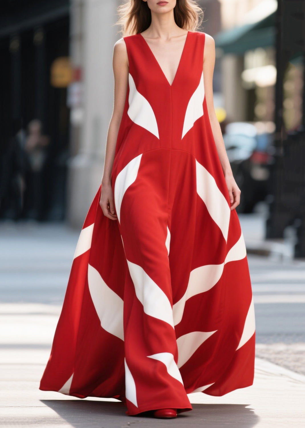 Red Print Exra Large Hem Chiffon Long Dress Summer