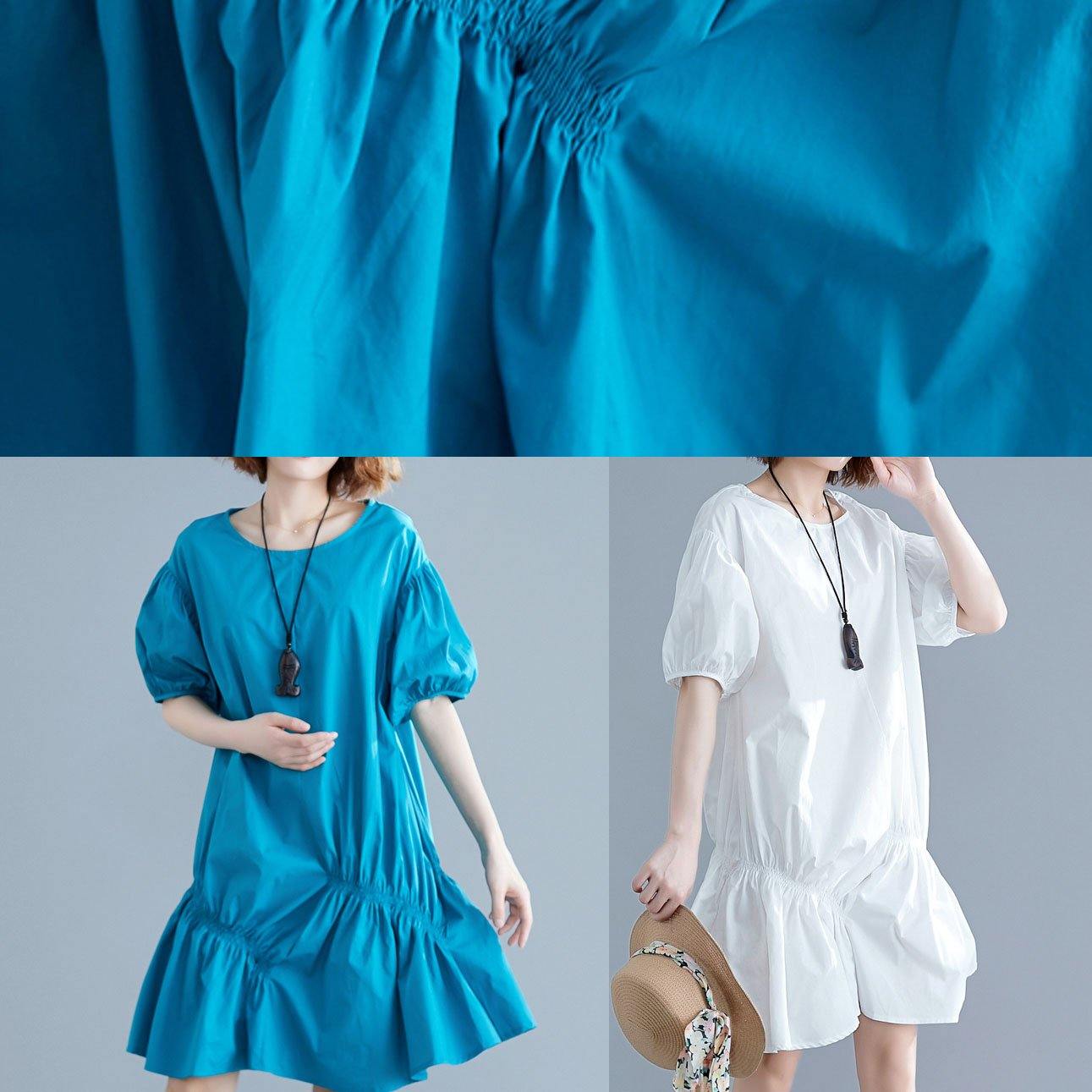 O Neck Lantern Sleeve Cotton Pattern White Dresses