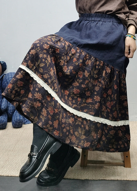 Chocolate Elastic Waist Lace Patchwork Print Linen a Line Skirts Summer