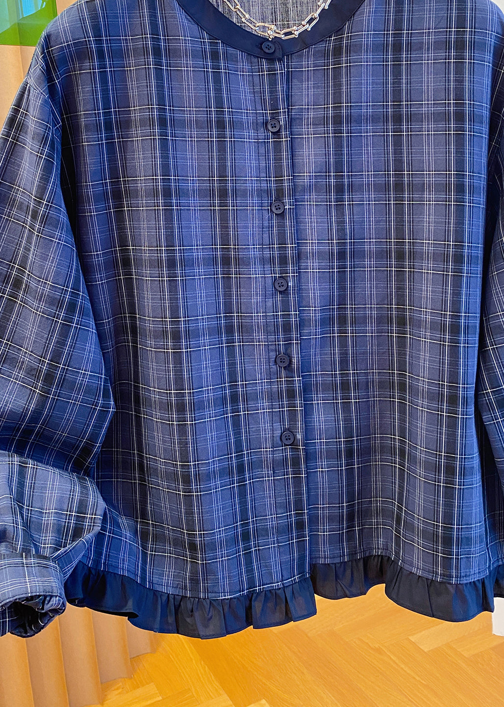 Blue O Neck Plaid Ruffled Cotton Shirt Top Fall
