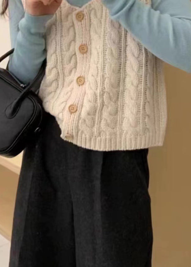 Beige Square Collar Button Knit Vest Top Sleeveless