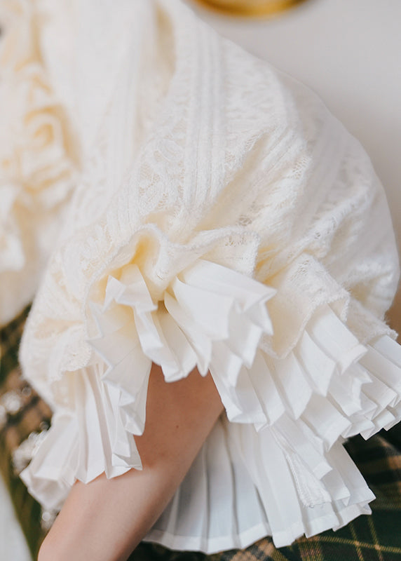 Apricot Ruffled Lace Shirt Lantern Sleeve