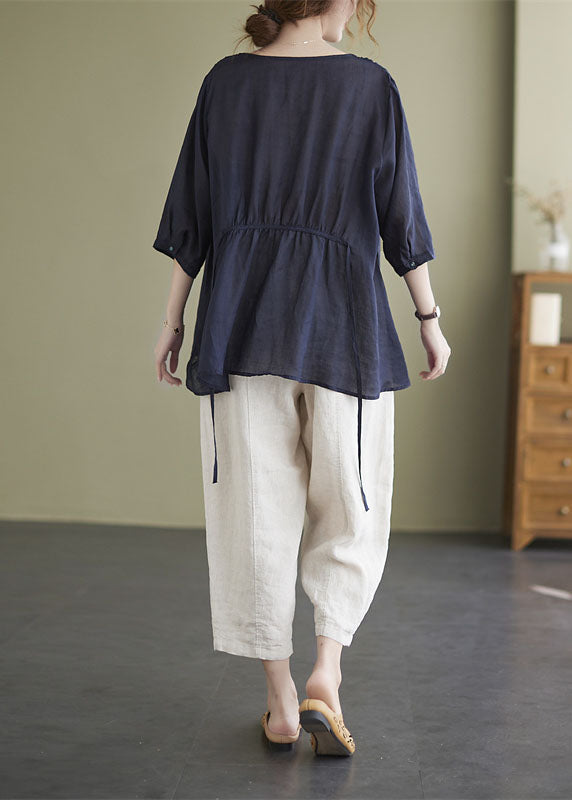 Navy Loose Button Tie Waist Asymmetrical Design Fall Three Quarter Sleeve Shirt Top