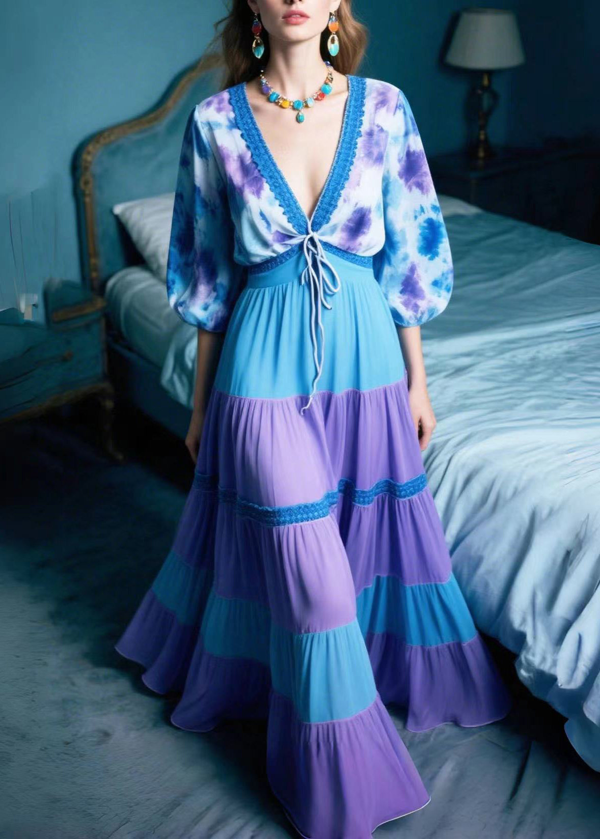Purple Print Patchwork Chiffon Long Dresses Summer