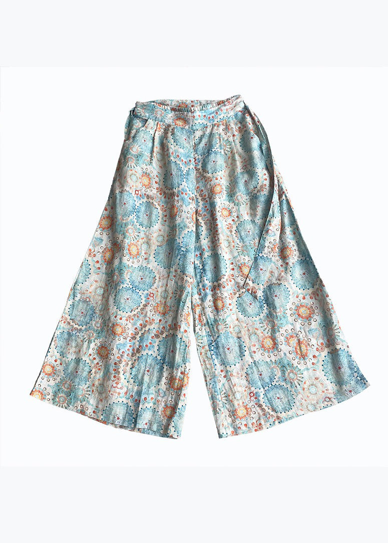 Photo Color Pockets Print Linen Wide Leg Pants Summer
