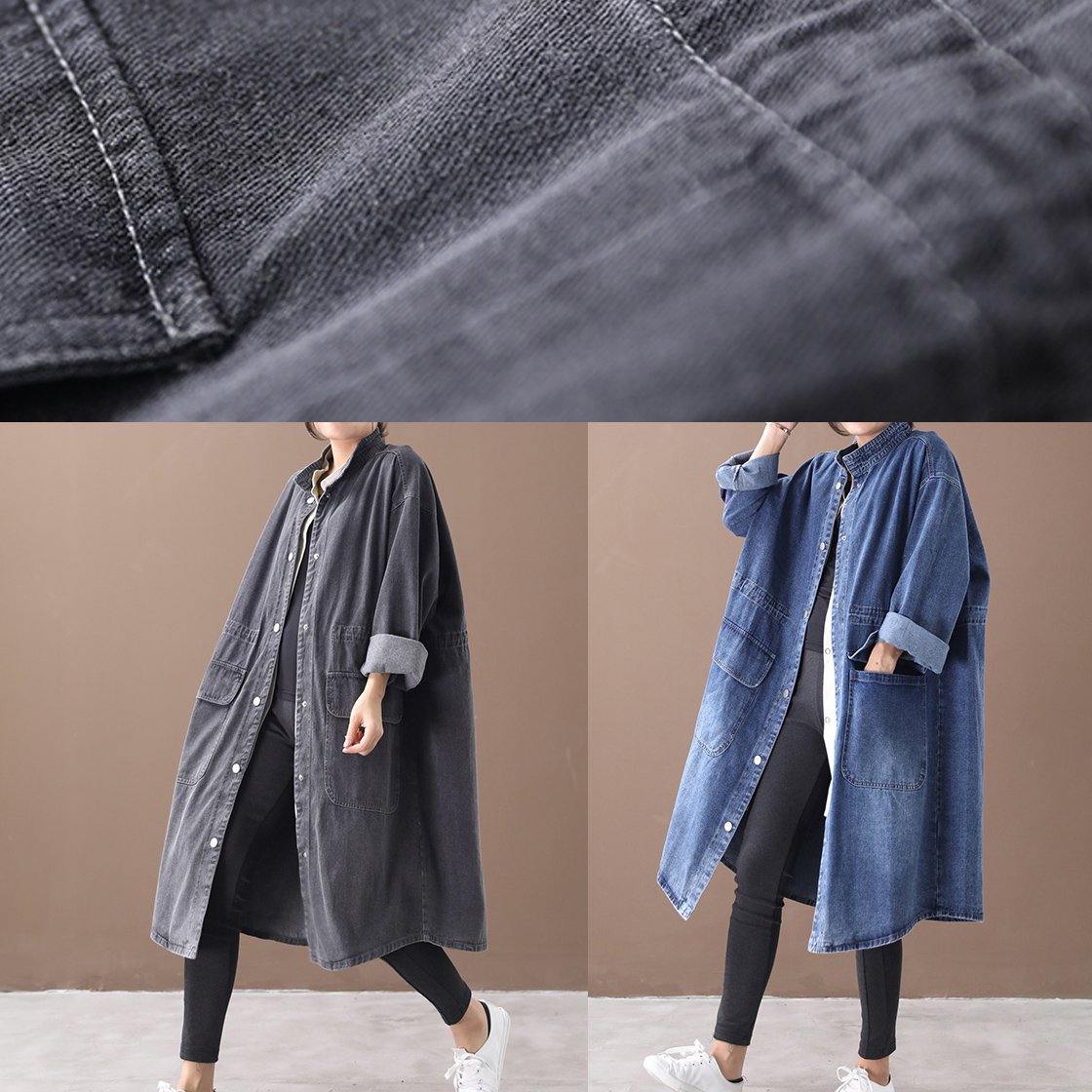 Simple Stand Collar Drawstring Tunic Coat Denim Black Midi Coats