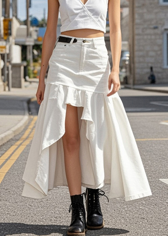 White Ruffled Low High Design Denim Skirts Spring