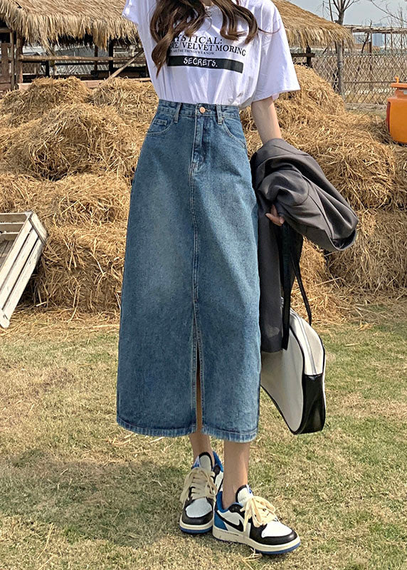 Denim Blue High Waist Side Open Cotton a Line Skirt Cozy