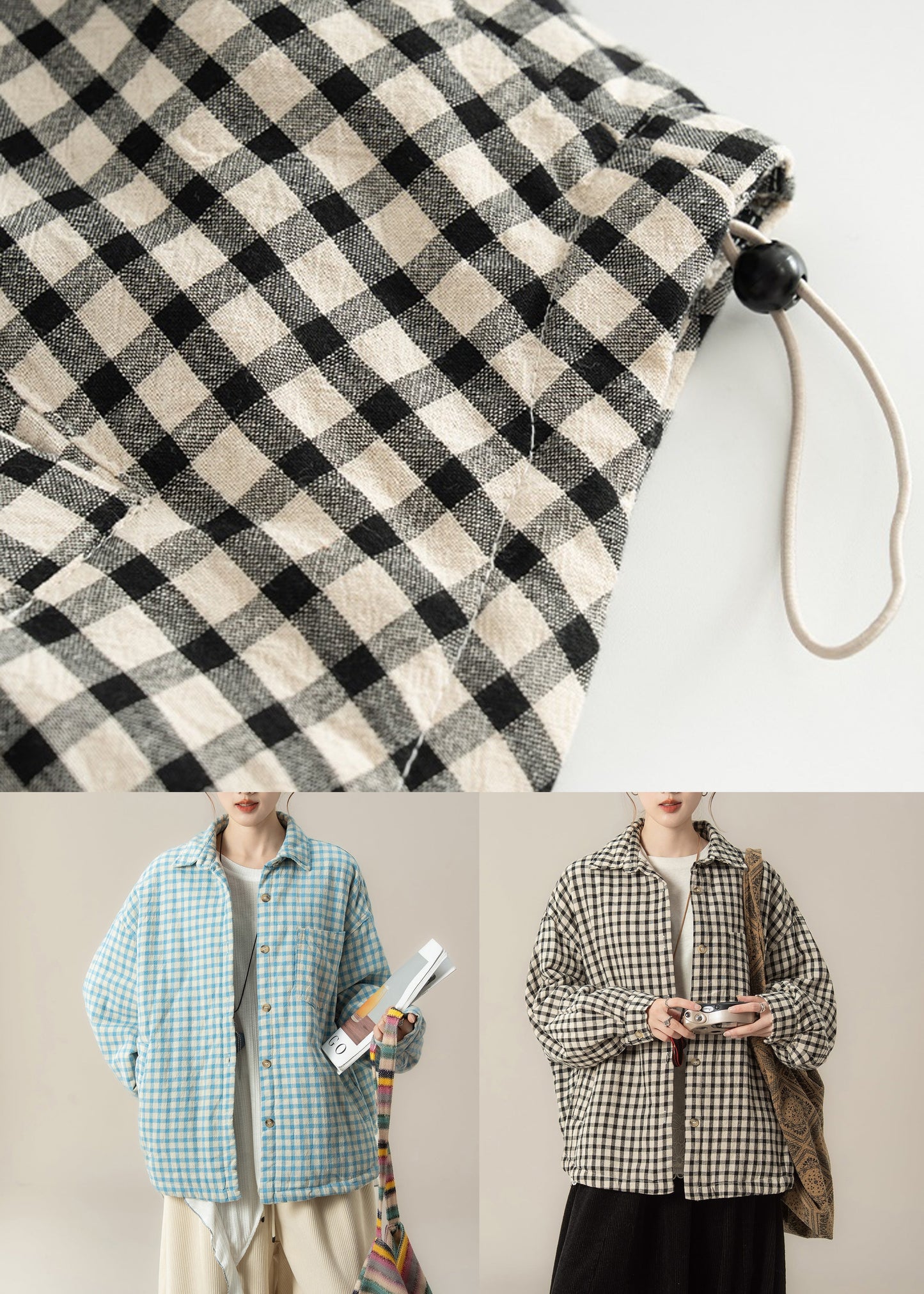 Blue Peter Pan Collar Plaid Cotton Filled Shirts Coats Winter