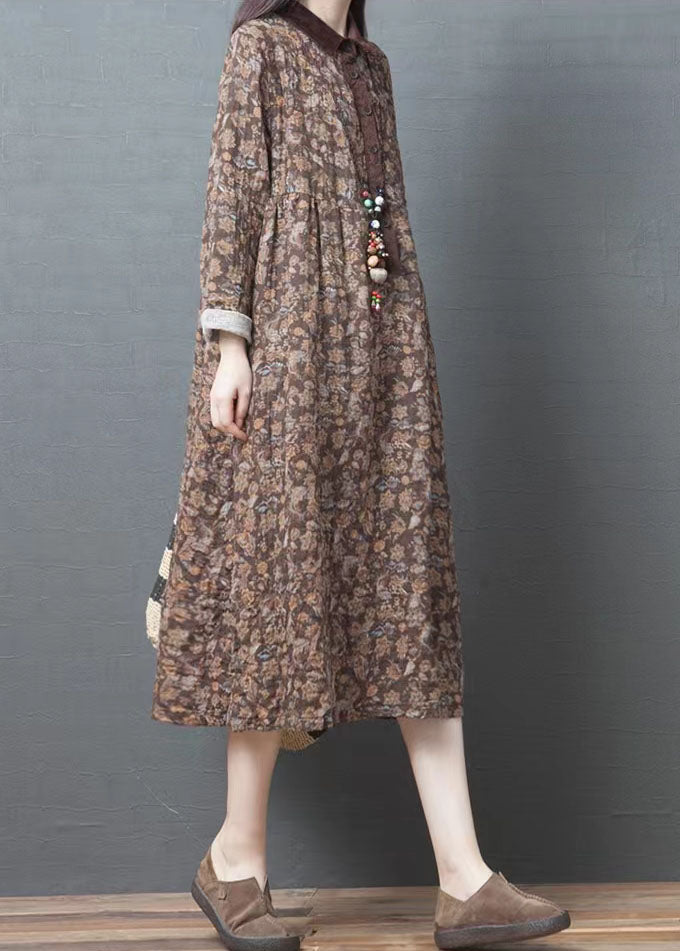 Organic Lapel Pockets Cotton Clothes Coffee Print Art Dresses