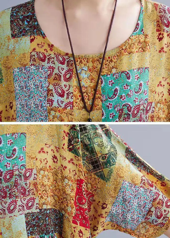 O Neck Short Sleeve Cotton Long Dresses Patchwork Color Clothing Summer Dress