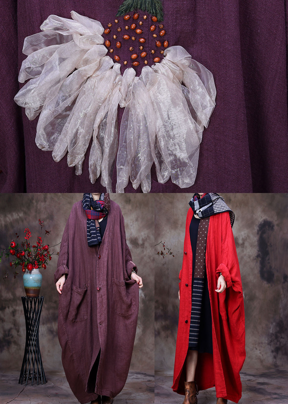 Coffee Linen Trench Coat V Neck Handmade Long Sleeve