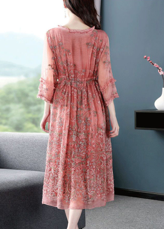 Style Pink O-neck Cinched Embroidered Silk Maxi Dress Bracelet Sleeve